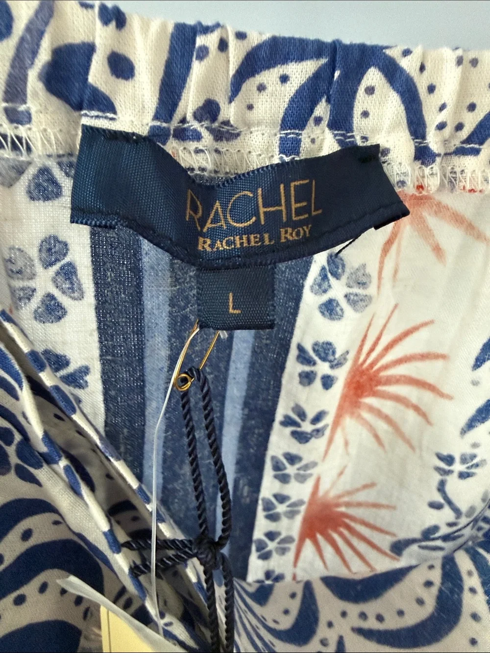 Rachel Roy Linen Rayon Wrap Midi Skirt NWT Blue White Print Tie Waist L Large
